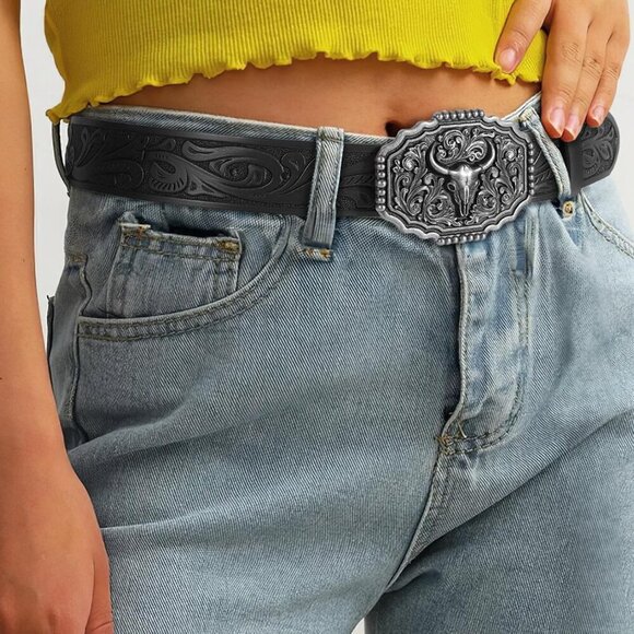 Western Belts for Woman Men, Cowboy Cowgirl Belt Embossed Western Country Bull B - Picture 3 of 9